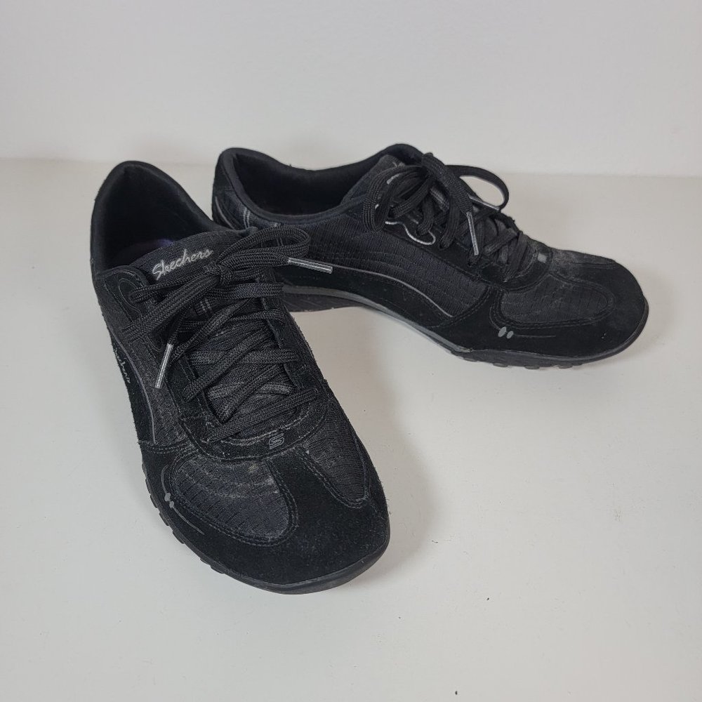 Skechers Memory Foam Women Shoes Sneakers 8M Black Suede Leather Lace Up